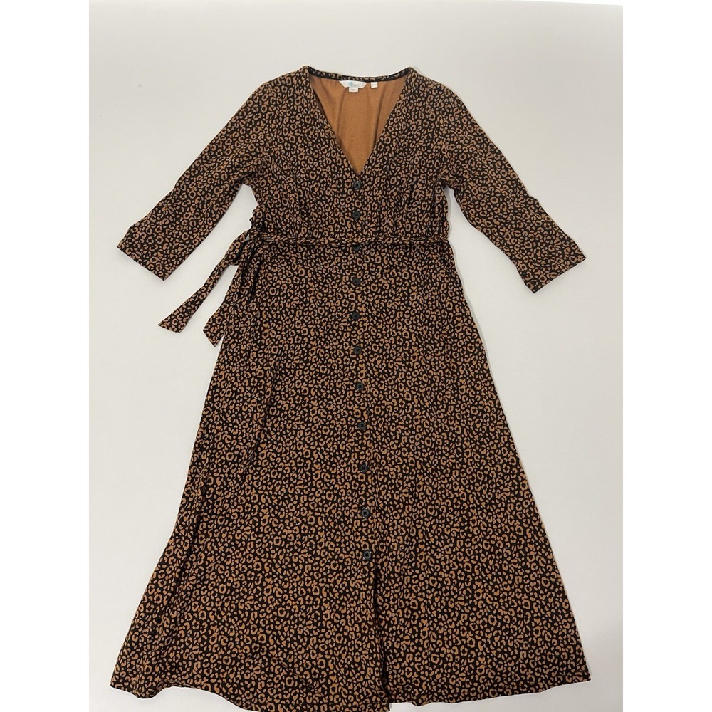 BODEN‎ Brown Cheetah Leopard Print Button Up A-Line Belted Midi Dress Size 12P